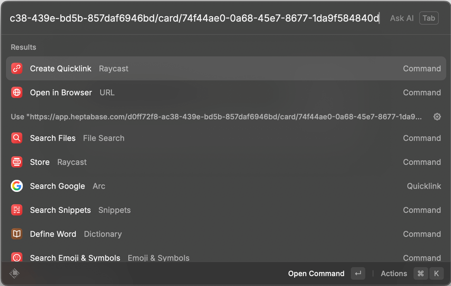 將 Deep link 連結貼到 Raycast 中，選擇 Create Quicklink