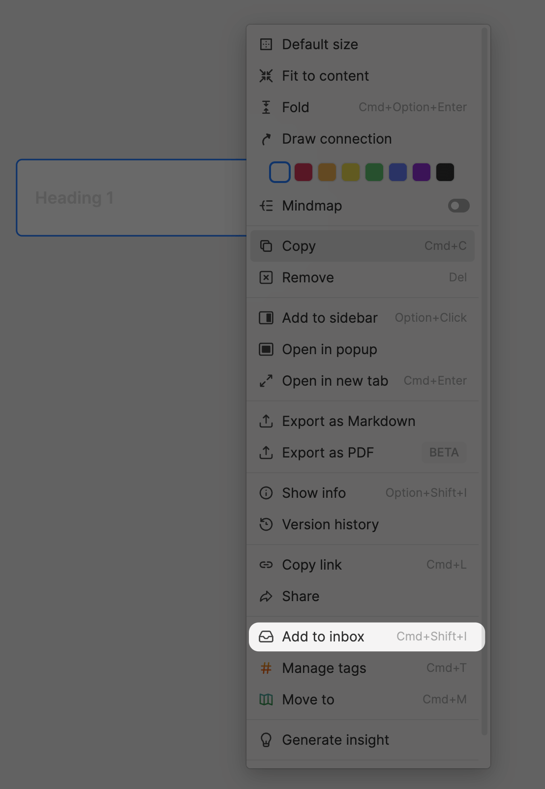 在 Heptabase 白板上將卡片加入 Inbox 的方法
